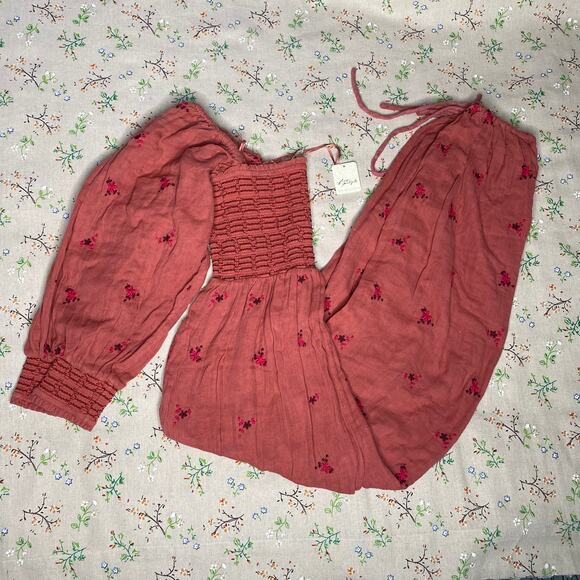 Free People Dahlia Jumpsuit Floral Wide Leg Smocked Pink Red XS Embroidery Boho - Picture 5 of 9